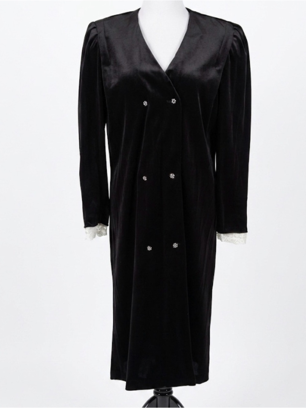 VTG 70s Checkaberry Black Velvet Dress Robe Rhinestone Buttons Lace Cuffs Sz 10